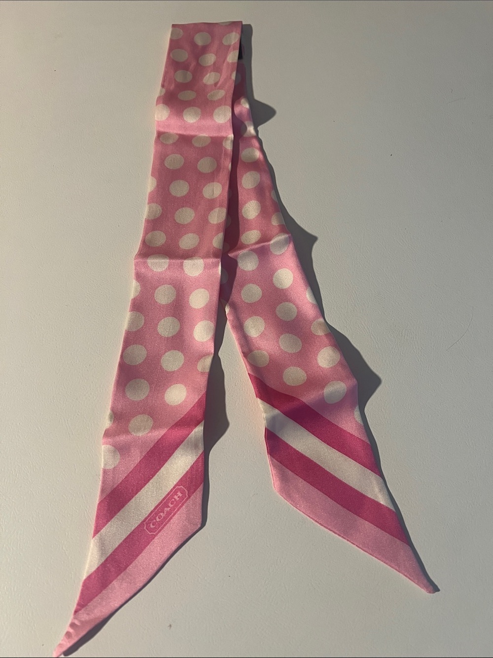 Coach Vintage Pink and White Polka Dot Silk Twilly Scarf